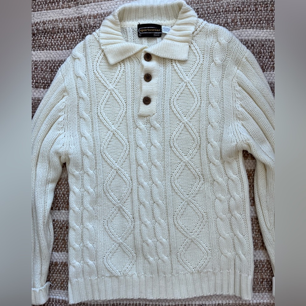 Vintage Sears Sportwear Cream Cable Sweater Men’s XL Fisherman Coastal Cabin